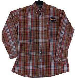 Cinch Fast Back Ropes Shirt Large Red Plaid Pressed Patched Western Rodeo